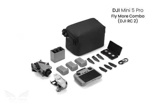 DJI Mini 5 Pro Fly More Combo dronas su DJI RC 2 valdymo pultu ir papildomais aksesuarais